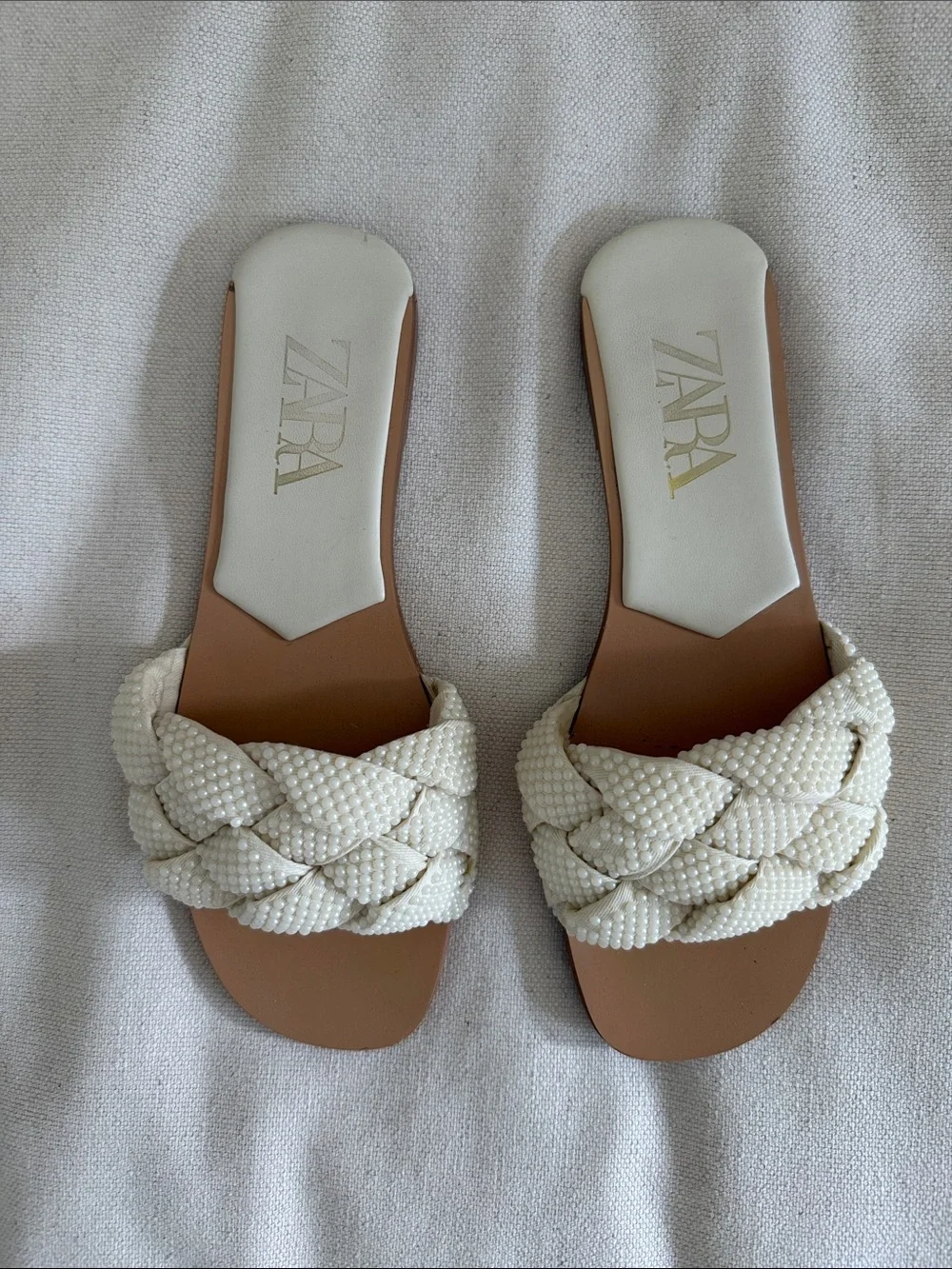ZARA Cream Braided Pearl-Embellished Slide Sandals - Picture 1 of 3